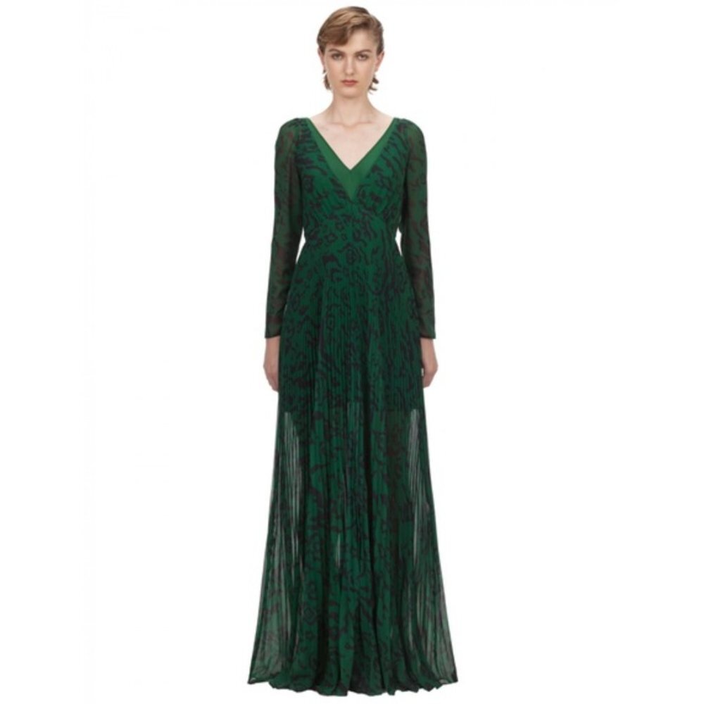NWT Self-Portrait Green Leopard Pleated Chiffon Maxi Dress Size 4 - Picture 3 of 10